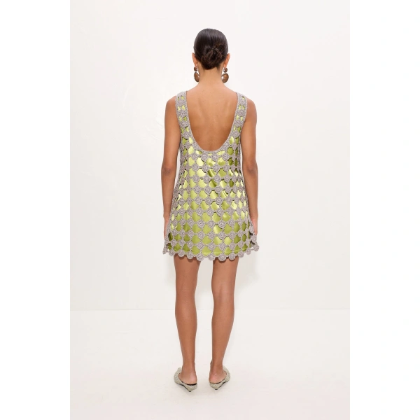 Simon Miller Sina Crochet Mini Dress in Moss and Satellite Silver | Mini Dresses | Coveti