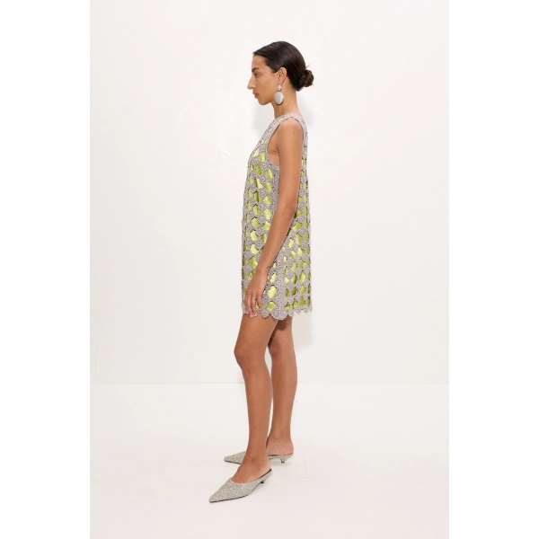 Simon Miller Sina Crochet Mini Dress in Moss and Satellite Silver | Mini Dresses | Coveti