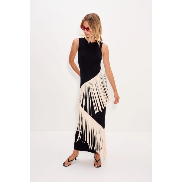 Simon Miller Spiral Knit Dress in Black and Macadamia | Midi Dresses | Coveti