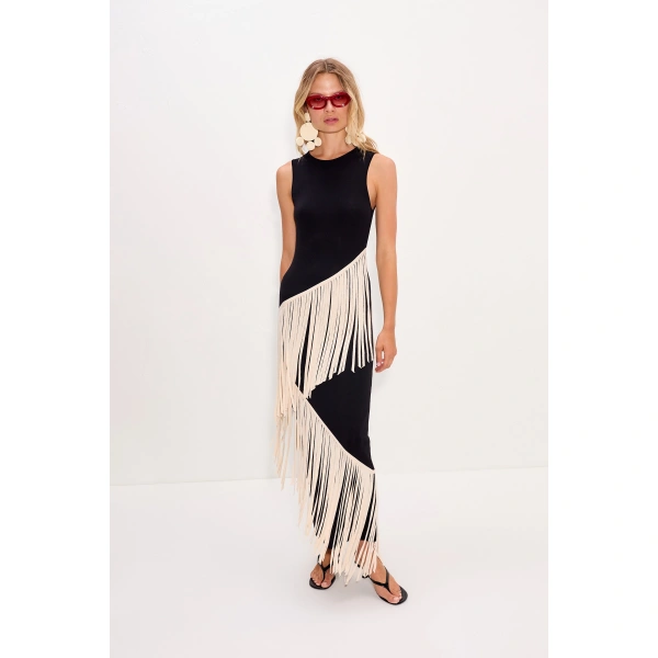 Simon Miller Spiral Knit Dress in Black and Macadamia | Midi Dresses | Coveti