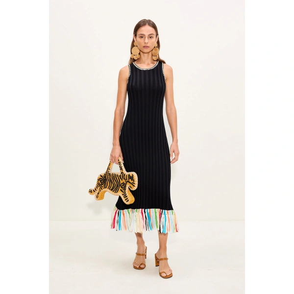 Simon Miller Thea Knit Fringe Dress in Black Multi | Midi Dresses | Coveti