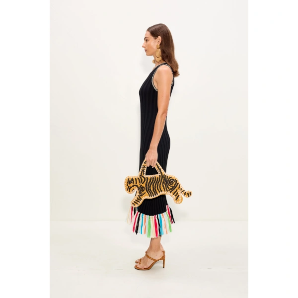 Simon Miller Thea Knit Fringe Dress in Black Multi | Midi Dresses | Coveti
