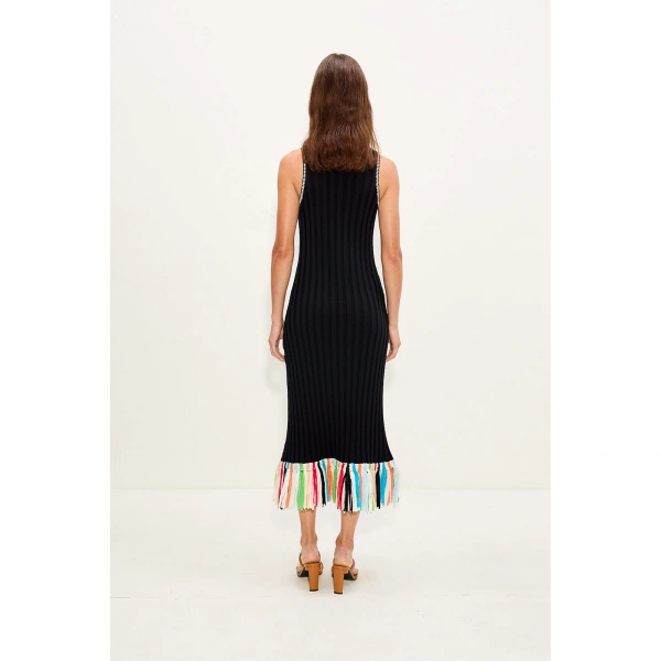Simon Miller Thea Knit Fringe Dress in Black Multi | Midi Dresses | Coveti