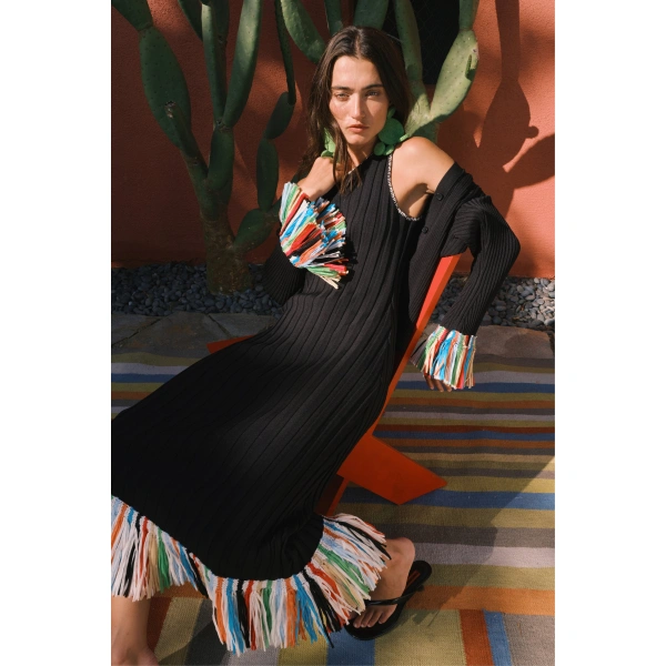 Simon Miller Thea Knit Fringe Dress in Black Multi | Midi Dresses | Coveti