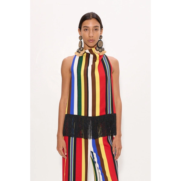 Simon Miller Tia Crepe Fringe Top in Primary Stripe | Sleeveless Tops | Coveti