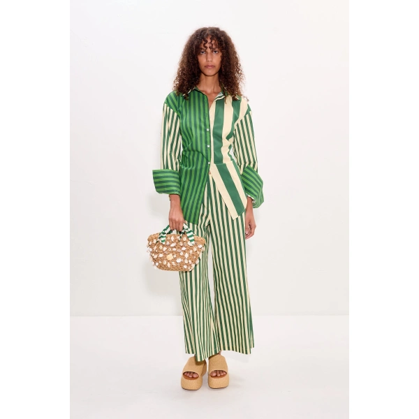 Simon Miller Toni Poplin Pant in Gummy Green and Ecru | Wide-Leg Pants | Coveti