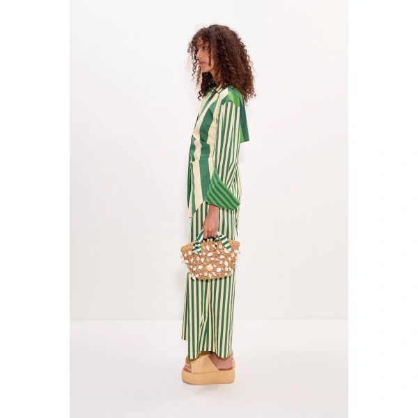 Simon Miller Toni Poplin Pant in Gummy Green and Ecru | Wide-Leg Pants | Coveti