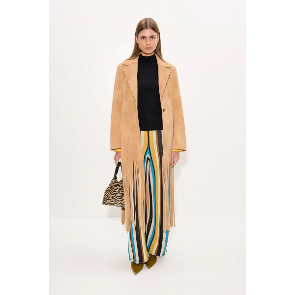 Simon Miller Vero Vegan Leather Fringe Coat in Sand | Leather Coats | Coveti