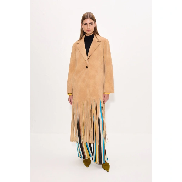 Simon Miller Vero Vegan Leather Fringe Coat in Sand | Leather Coats | Coveti