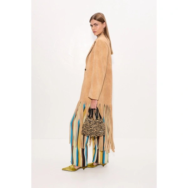 Simon Miller Vero Vegan Leather Fringe Coat in Sand | Leather Coats | Coveti