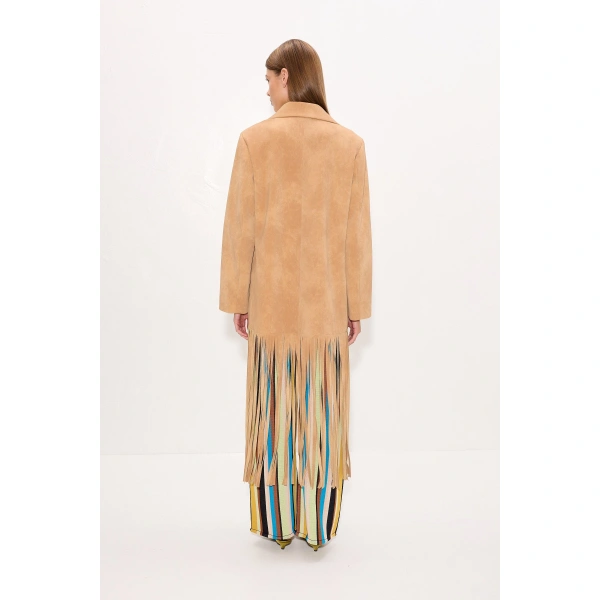 Simon Miller Vero Vegan Leather Fringe Coat in Sand | Leather Coats | Coveti