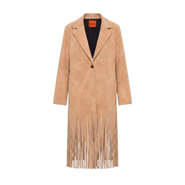 Simon Miller Vero Vegan Leather Fringe Coat in Sand | Leather Coats | Coveti