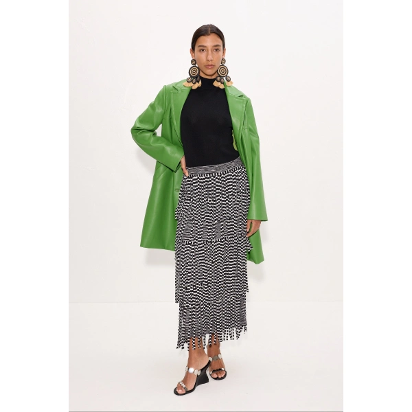 Simon Miller Za Za Knit Fringe Skirt in Black and White Space Dye | Midi Skirts | Coveti