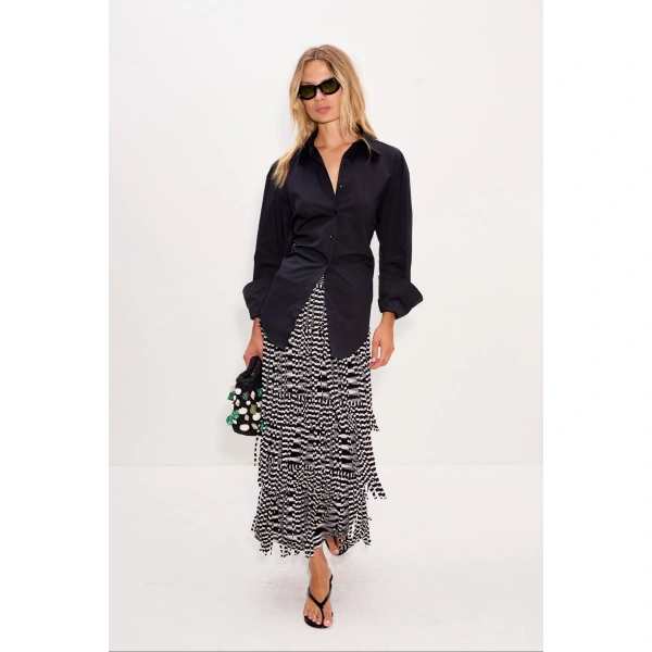 Simon Miller Za Za Knit Fringe Skirt in Black and White Space Dye | Midi Skirts | Coveti