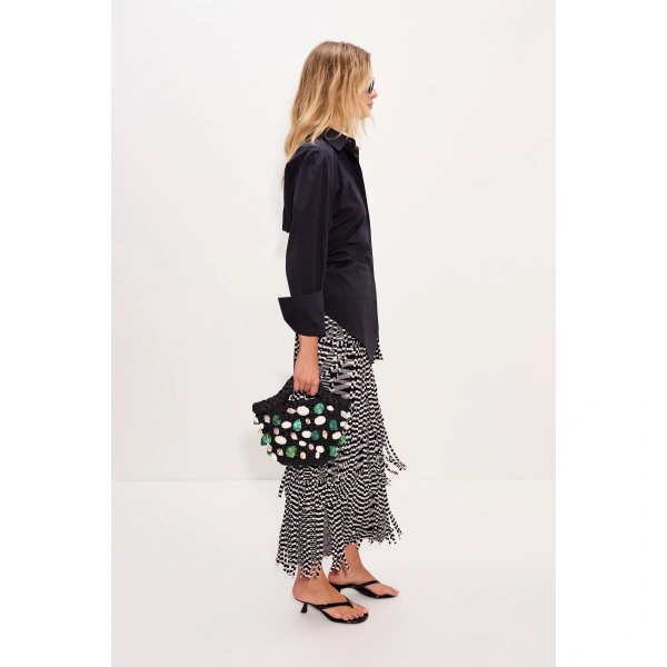 Simon Miller Za Za Knit Fringe Skirt in Black and White Space Dye | Midi Skirts | Coveti