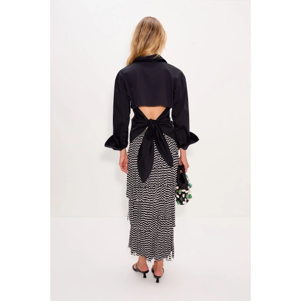 Simon Miller Za Za Knit Fringe Skirt in Black and White Space Dye | Midi Skirts | Coveti