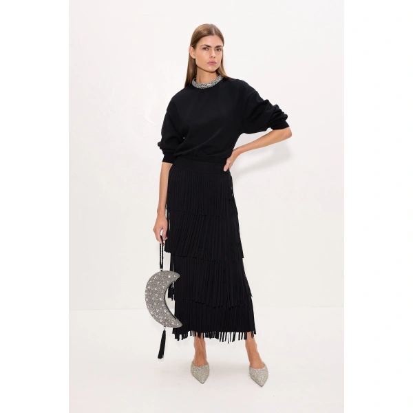 Simon Miller Za Za Knit Fringe Skirt in Black | Midi Skirts | Coveti