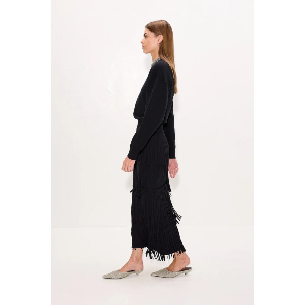 Simon Miller Za Za Knit Fringe Skirt in Black | Midi Skirts | Coveti