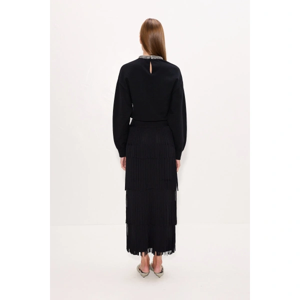Simon Miller Za Za Knit Fringe Skirt in Black | Midi Skirts | Coveti
