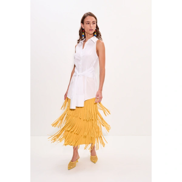Simon Miller Za Za Knit Fringe Skirt in Butter | Midi Skirts | Coveti