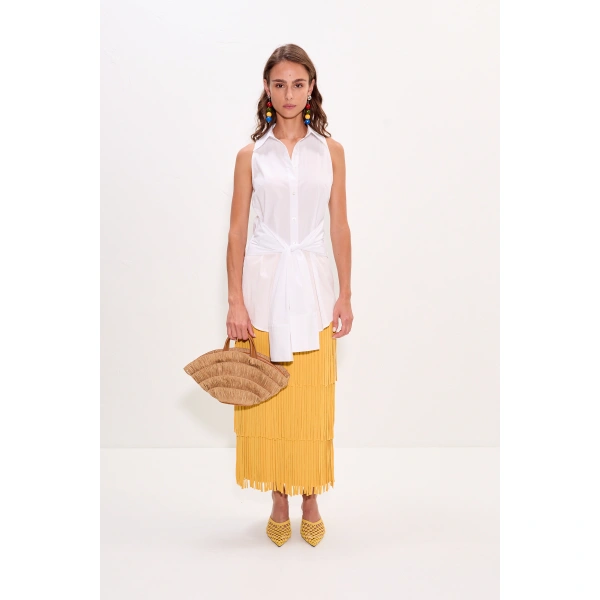 Simon Miller Za Za Knit Fringe Skirt in Butter | Midi Skirts | Coveti
