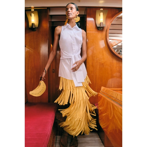 Simon Miller Za Za Knit Fringe Skirt in Butter | Midi Skirts | Coveti