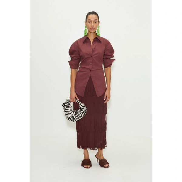 Simon Miller Za Za Knit Fringe Skirt in Choco Brown | Midi Skirts | Coveti
