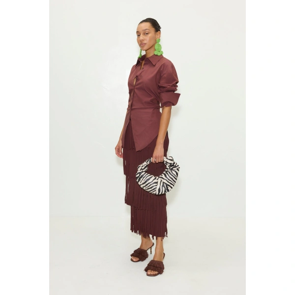 Simon Miller Za Za Knit Fringe Skirt in Choco Brown | Midi Skirts | Coveti