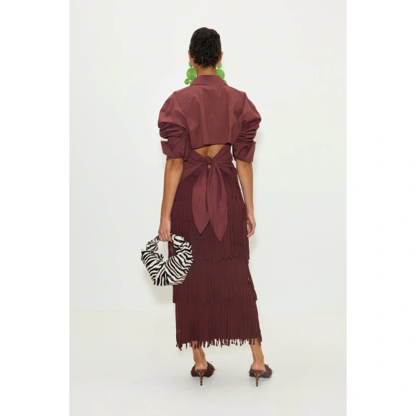 Simon Miller Za Za Knit Fringe Skirt in Choco Brown | Midi Skirts | Coveti