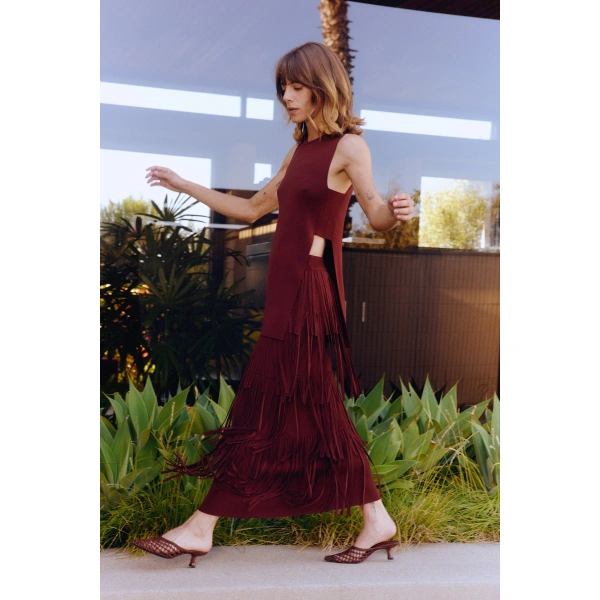 Simon Miller Za Za Knit Fringe Skirt in Choco Brown | Midi Skirts | Coveti