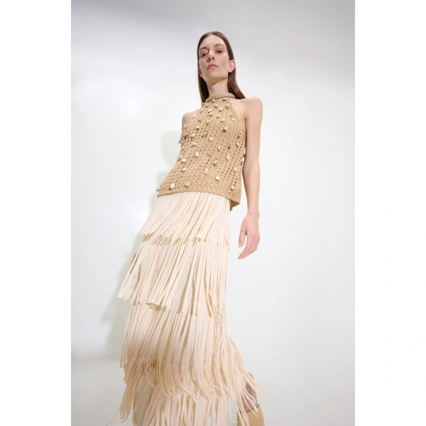 Simon Miller Za Za Knit Fringe Skirt in Ivory | Midi Skirts | Coveti