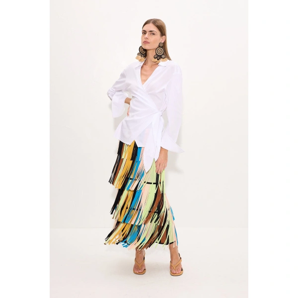 Simon Miller Za Za Knit Fringe Skirt in Ocean Stripe | Midi Skirts | Coveti