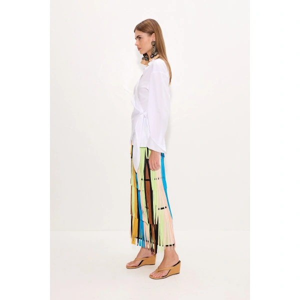 Simon Miller Za Za Knit Fringe Skirt in Ocean Stripe | Midi Skirts | Coveti