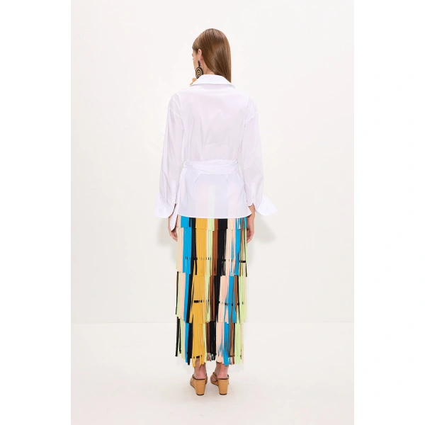Simon Miller Za Za Knit Fringe Skirt in Ocean Stripe | Midi Skirts | Coveti