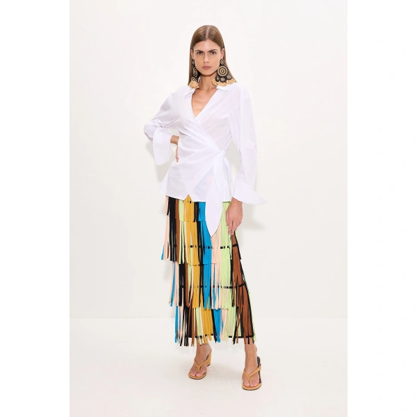 Simon Miller Za Za Knit Fringe Skirt in Ocean Stripe | Midi Skirts | Coveti