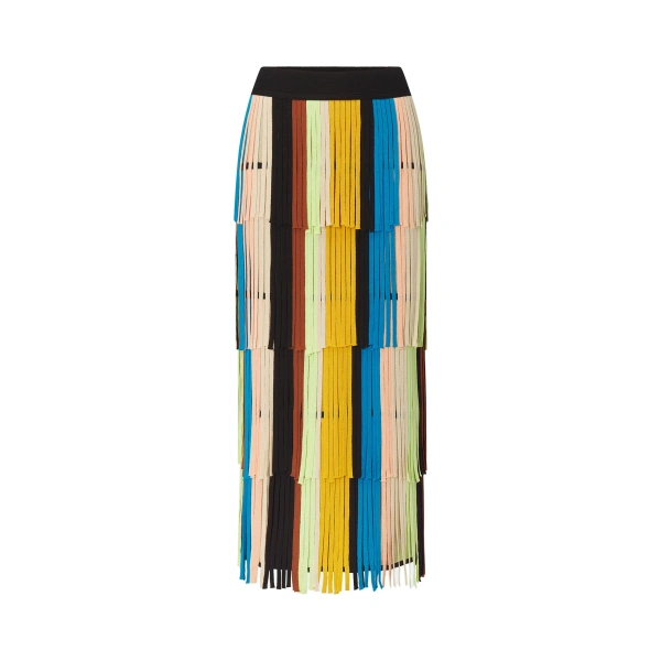 Simon Miller Za Za Knit Fringe Skirt in Ocean Stripe | Midi Skirts | Coveti