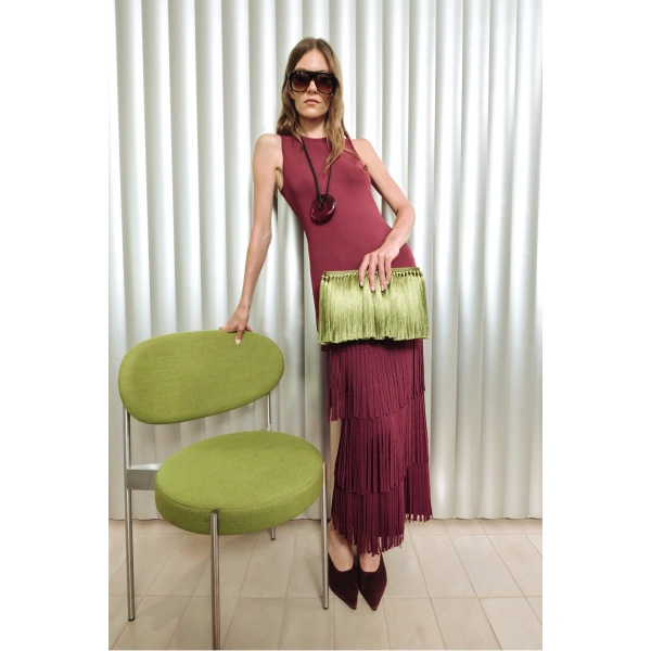 Simon Miller Za Za Knit Fringe Skirt in Pomegranate | Midi Skirts | Coveti
