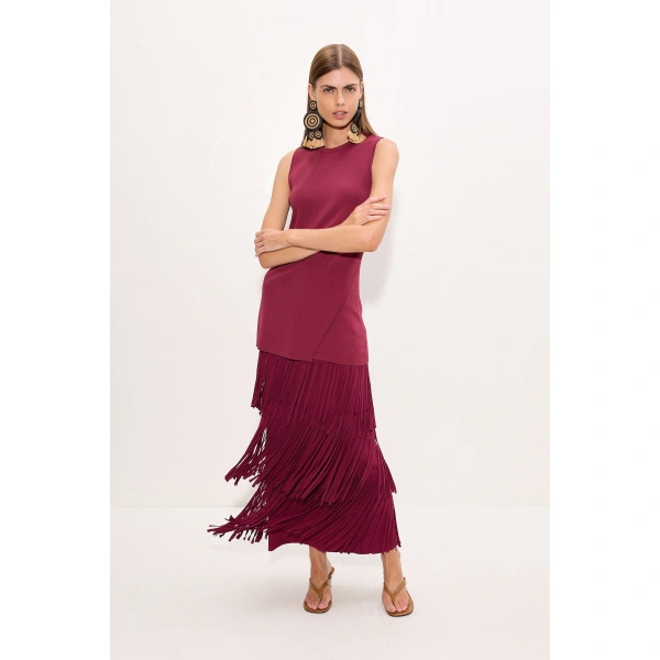 Simon Miller Za Za Knit Fringe Skirt in Pomegranate | Midi Skirts | Coveti