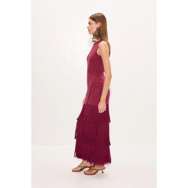 Simon Miller Za Za Knit Fringe Skirt in Pomegranate | Midi Skirts | Coveti