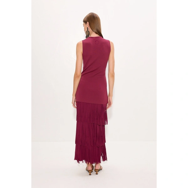 Simon Miller Za Za Knit Fringe Skirt in Pomegranate | Midi Skirts | Coveti