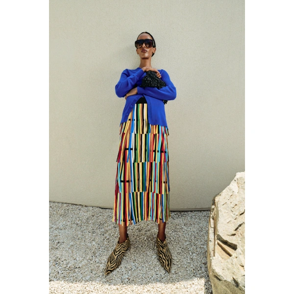 Simon Miller Za Za Knit Fringe Skirt in Primary Stripe | Midi Skirts | Coveti