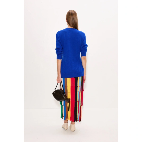 Simon Miller Za Za Knit Fringe Skirt in Primary Stripe | Midi Skirts | Coveti