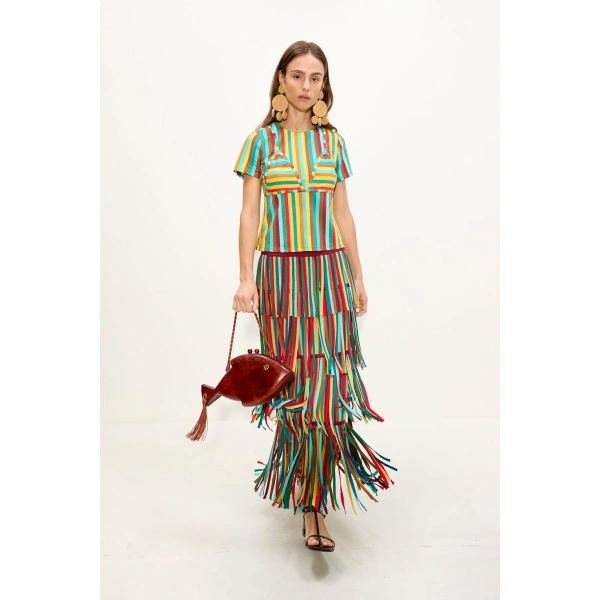 Simon Miller Za Za Knit Skirt in Vibrant Multi Stripe | Midi Skirts | Coveti
