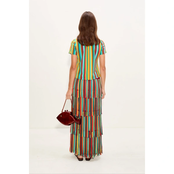 Simon Miller Za Za Knit Skirt in Vibrant Multi Stripe | Midi Skirts | Coveti