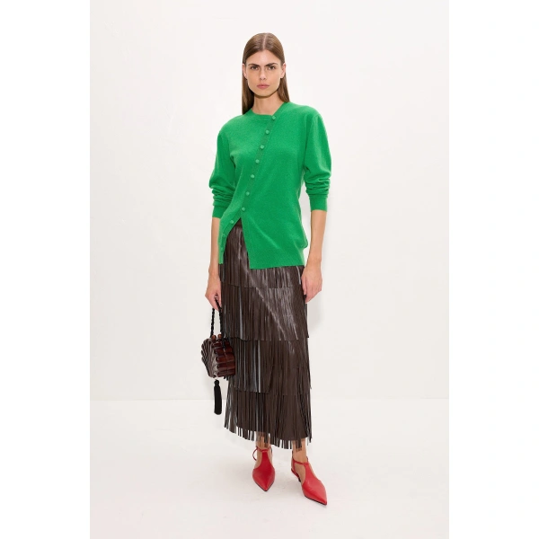 Simon Miller Za Za Vegan Leather Fringe Skirt in Dark Choco Brown | Leather Skirts | Coveti