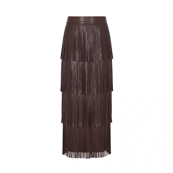 Za Za Vegan Leather Fringe Skirt in Dark Choco Brown