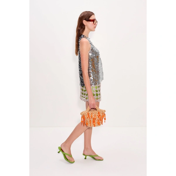 Simon Miller Zera Crochet Mini Skirt in Moss and Satellite Silver | Mini Skirts | Coveti