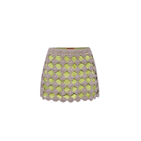Zera Crochet Mini Skirt in Moss and Satellite Silver