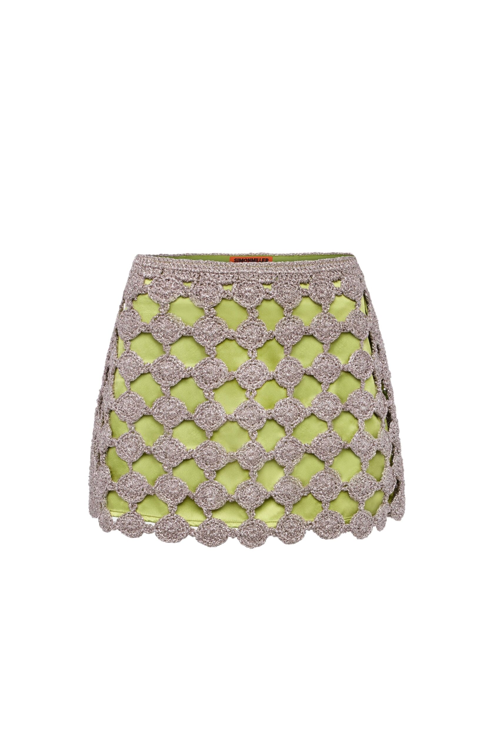 Simon Miller Zera Crochet Mini Skirt in Moss and Satellite Silver Simon Miller Zera Crochet Mini Skirt in Moss and Satellite Silver | Mini Skirts | Coveti
