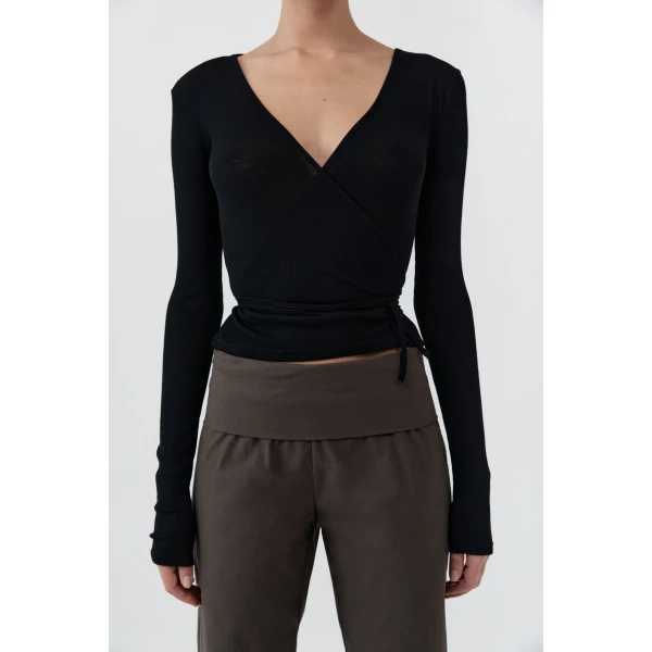 St. Agni Baby Wool Wrap Top in Black, view 3